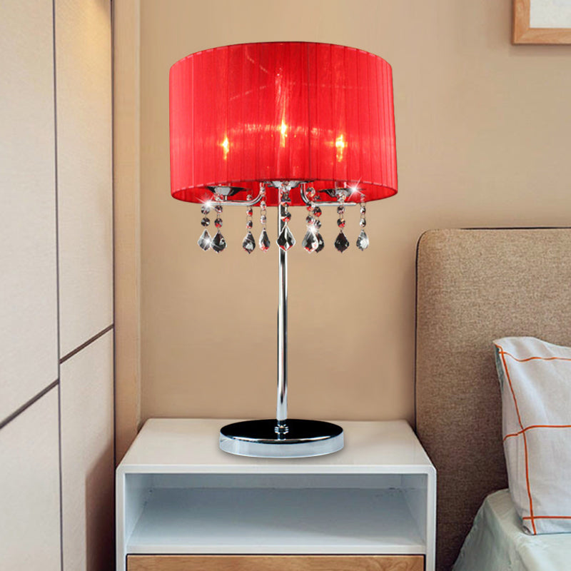 Fabric Cylinder Desk Light Modern 1 Bulb Night Table Lamp in Red with Crystal Teardrop