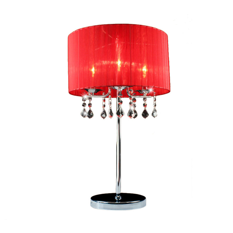 Fabric Cylinder Desk Light Modern 1 Bulb Night Table Lamp in Red with Crystal Teardrop