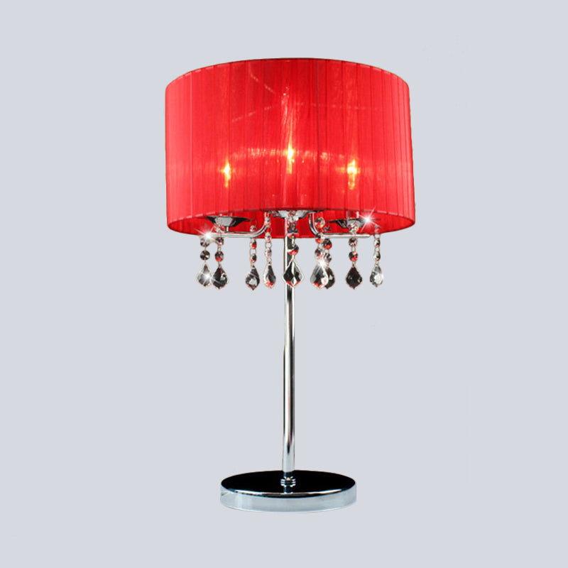 Fabric Cylinder Desk Light Modern 1 Bulb Night Table Lamp in Red with Crystal Teardrop