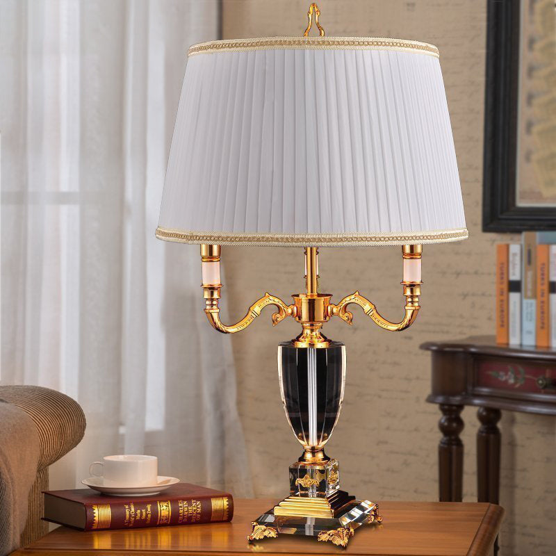 White Drum Shade Desk Light Modern 1 Head Fabric Night Table Lamp with Square Crystal Pedestal