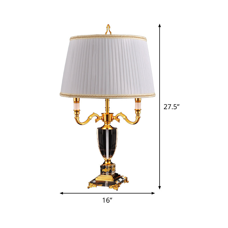 White Drum Shade Desk Light Modern 1 Head Fabric Night Table Lamp with Square Crystal Pedestal