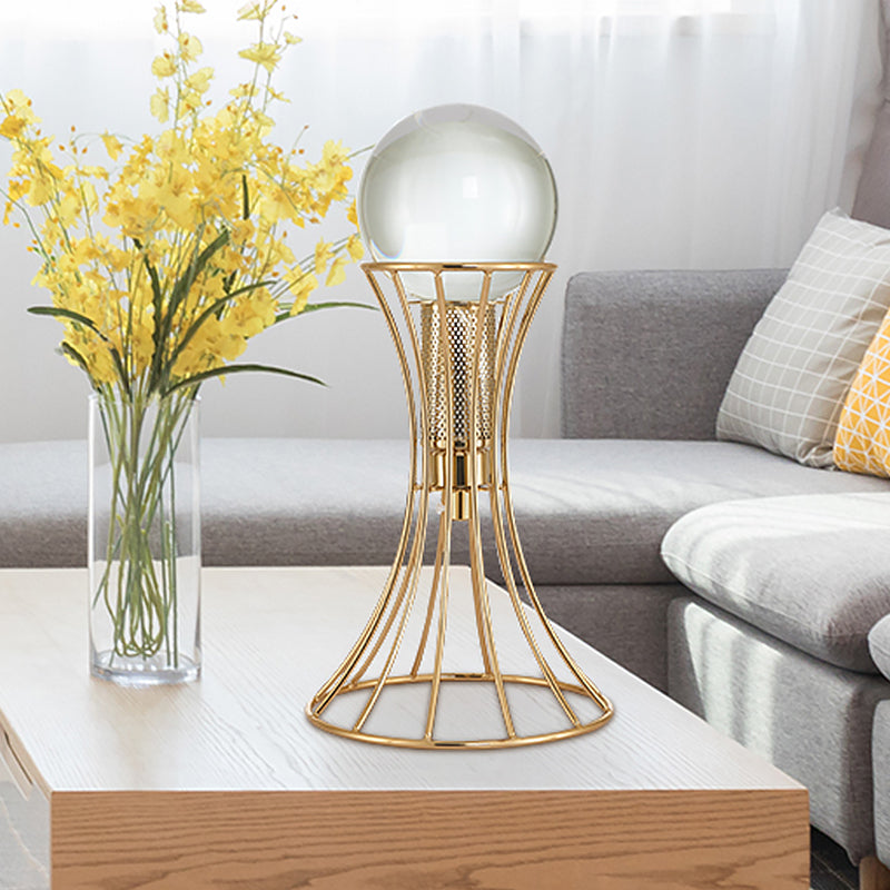 Clear Crystal Sphere Desk Lamp Minimalist LED Reading Light with Gold Hourglass Cage Metallic Base