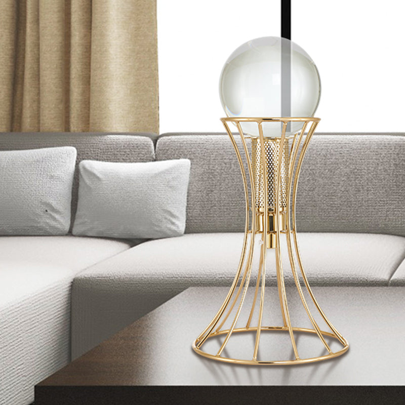 Clear Crystal Sphere Desk Lamp Minimalist LED Reading Light with Gold Hourglass Cage Metallic Base