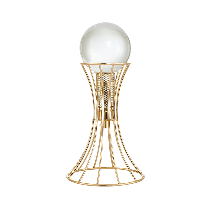 Clear Crystal Sphere Desk Lamp Minimalist LED Reading Light with Gold Hourglass Cage Metallic Base