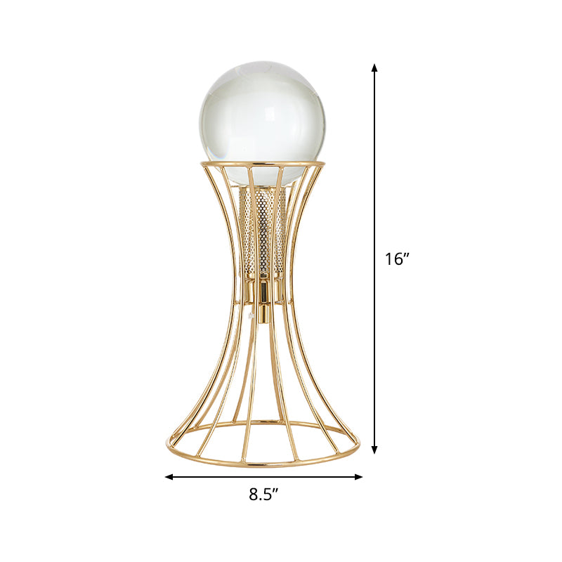 Clear Crystal Sphere Desk Lamp Minimalist LED Reading Light with Gold Hourglass Cage Metallic Base