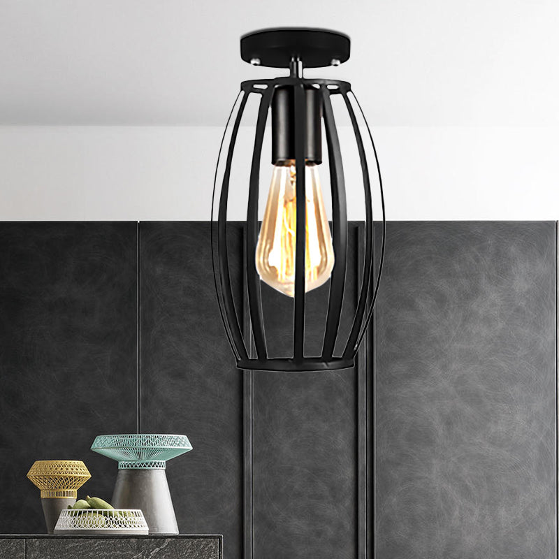 Barn/Oval Restaurant Semi Flush Mount Light con sombra de jaula Metal de granja 1 Luz de techo negro Ligero