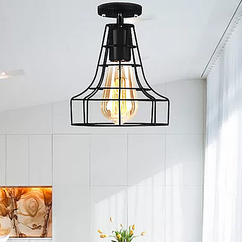 Barn/Oval Restaurant Semi Flush Mount Light with Cage Shade Farmhouse Metal 1 Light Black Ceiling Light Fixture