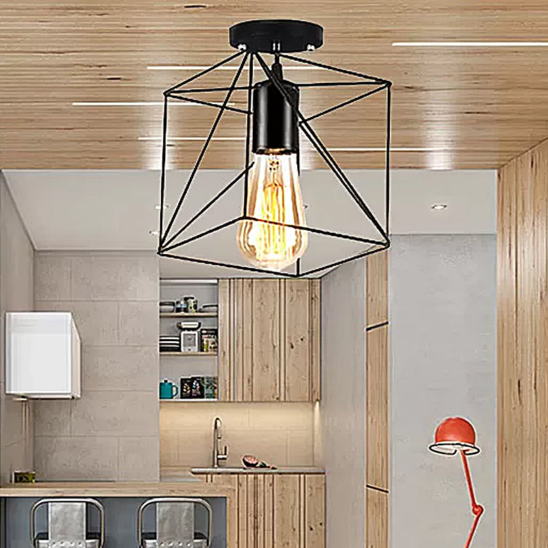 Barn/Oval Restaurant Semi Flush Mount Light con sombra de jaula Metal de granja 1 Luz de techo negro Ligero