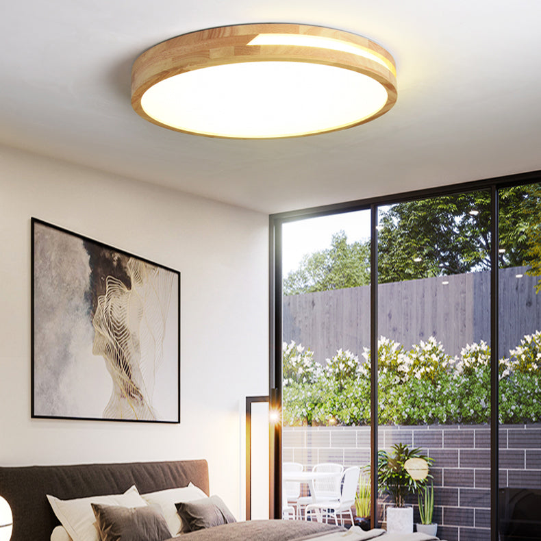 Wood Round Shape Flush Ceiling Light Modern Style 1-Light Flush Mount Lighting in Brown