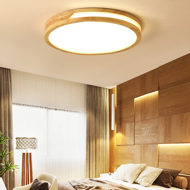 Wood Round Shape Flush Ceiling Light Modern Style 1-Light Flush Mount Lighting in Brown