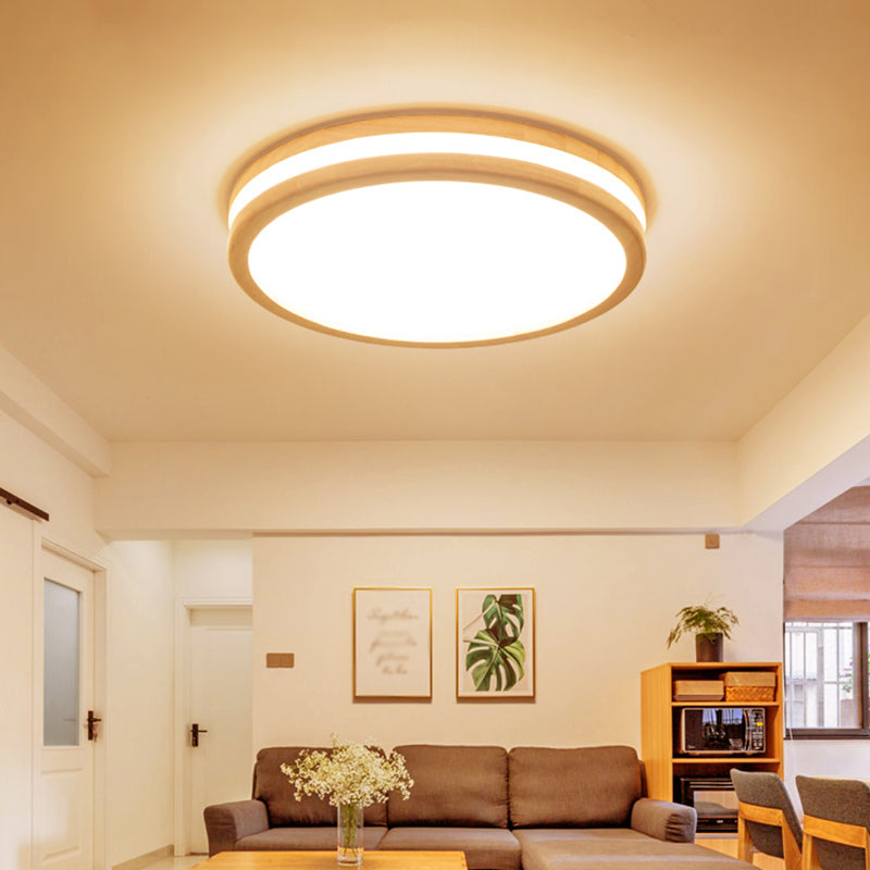 Round Wood Flush Ceiling Light Modern Style 1-Light Flush Mount Fixture in Brown