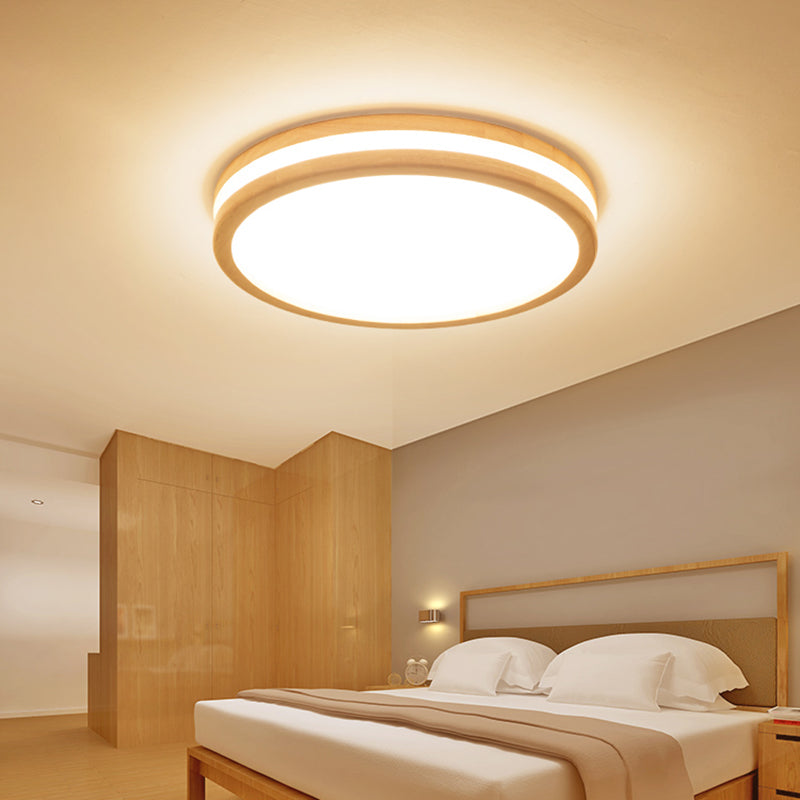 Round Wood Flush Ceiling Light Modern Style 1-Light Flush Mount Fixture in Brown