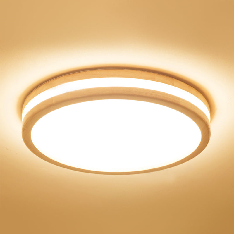 Round Wood Flush Ceiling Light Modern Style 1-Light Flush Mount Fixture in Brown