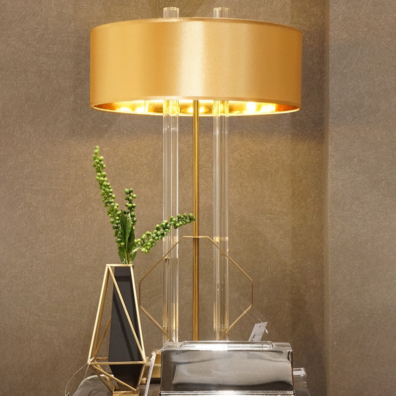 Fabric Drum Task Light Modern 1 Head Table Lamp in Gold with Rectangle Metal Pedestal