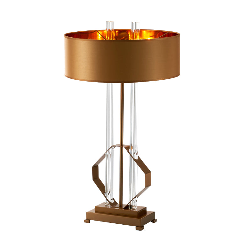 Fabric Drum Task Light Modern 1 Head Table Lamp in Gold with Rectangle Metal Pedestal