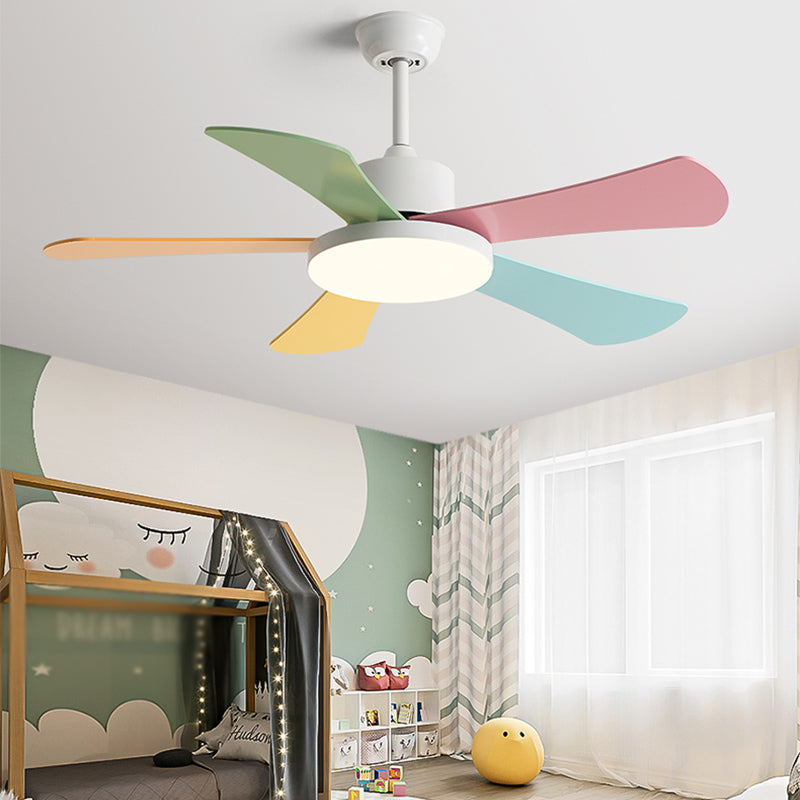 Children's Room Ceiling Fan Lamp Round Shade Colorful LED Semi Flush Ceiling Light