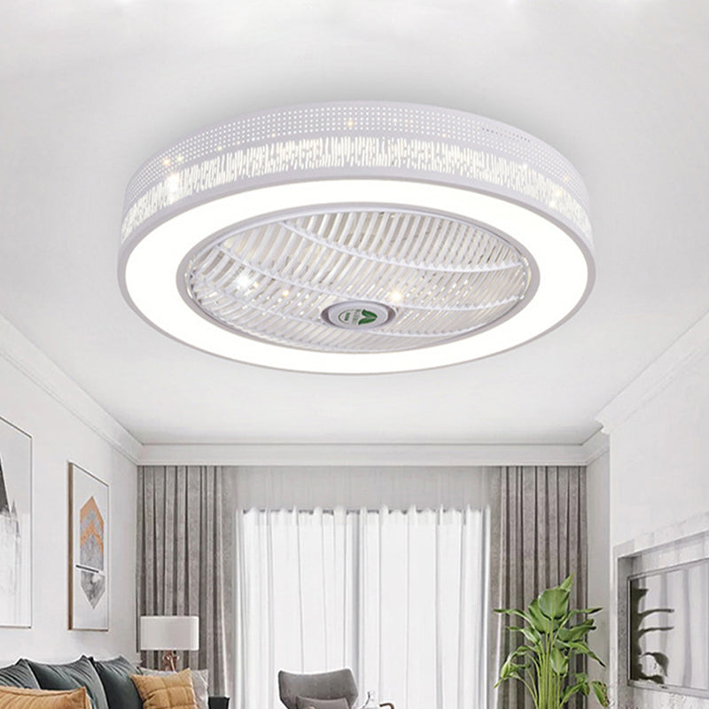 21.5" W White LED Hanging Fan Lighting Contemporary Metal Circle Semi Flush Ceiling Light for Living Room, 3 Blades