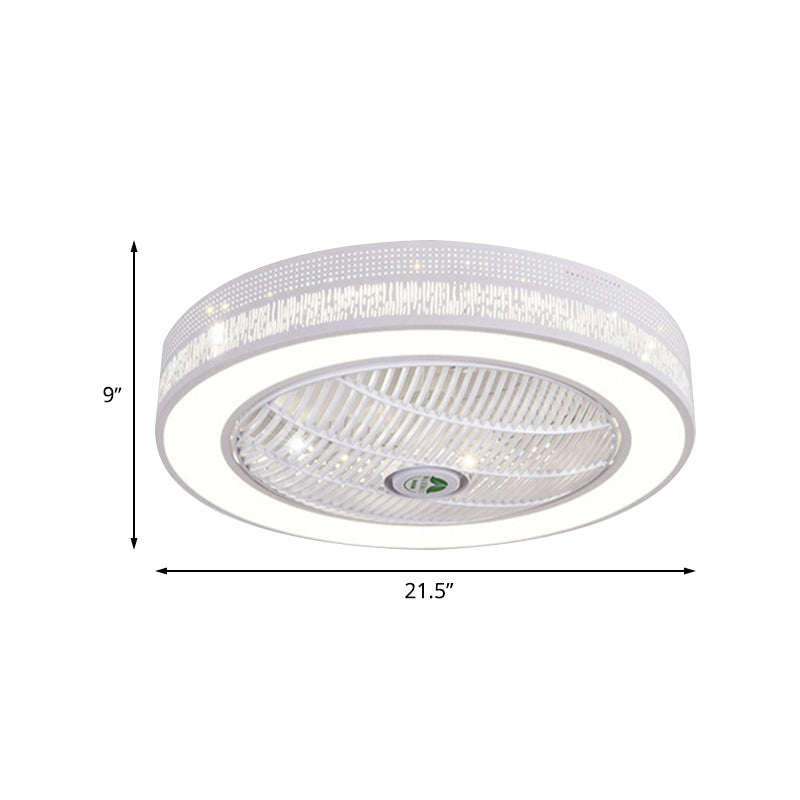 21.5" W White LED Hanging Fan Lighting Contemporary Metal Circle Semi Flush Ceiling Light for Living Room, 3 Blades