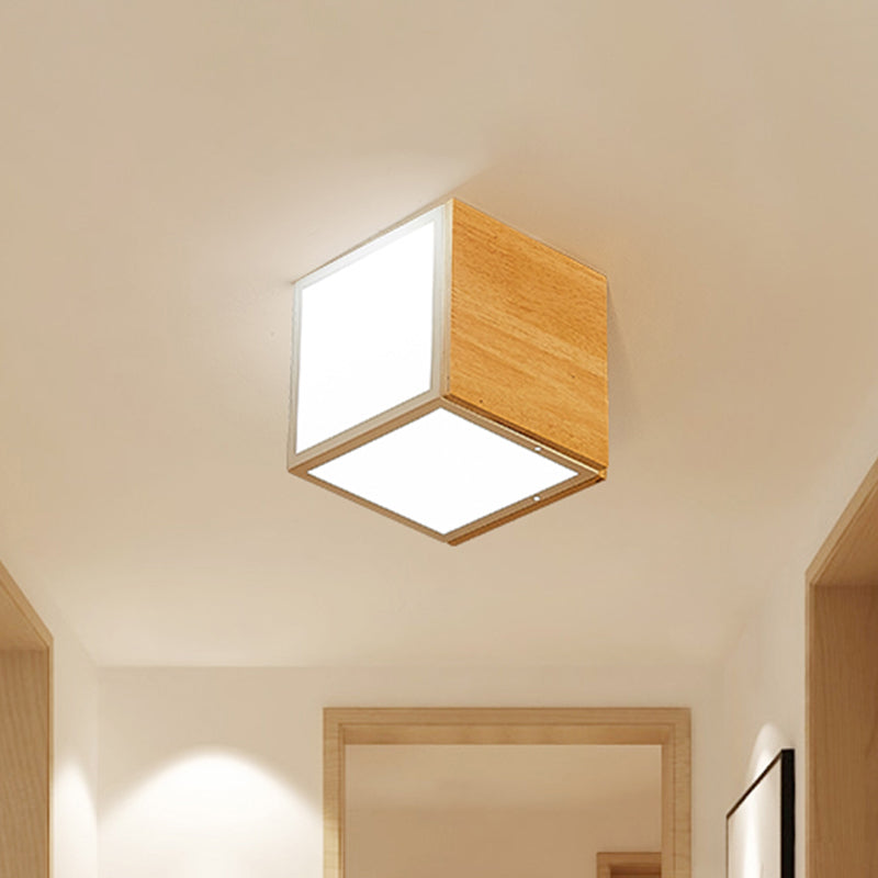 Wooden Box LED Flush Mount Light Modern Chinese 1-Light Natural Wood Ceiling Lamp in Warm/White Light