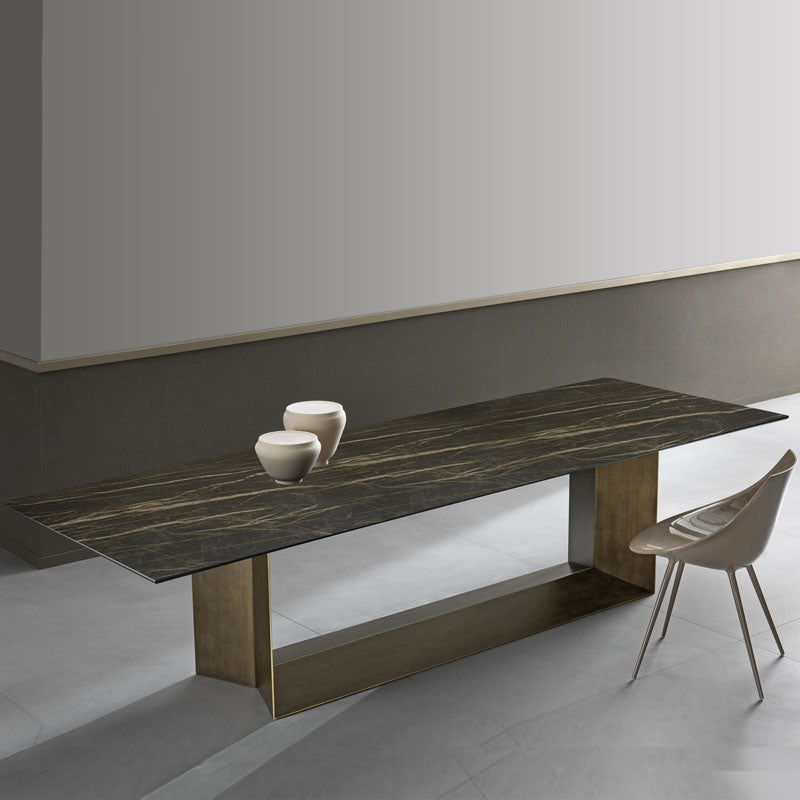 Mesa de comedor de piedra y metal rectangular mesa de comedor de base de caballete moderna