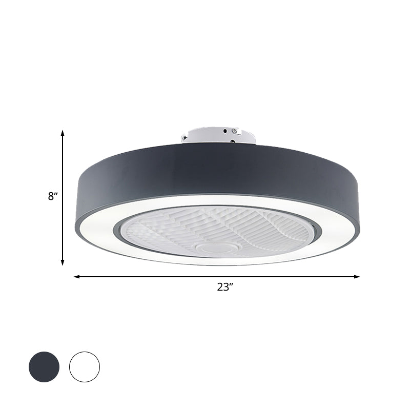 23" W Metal Circular Semi Flush Light Fixture Modern LED Bedroom Pendant Fan Lamp in Black/White, 3 Blades