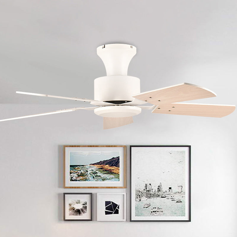 Circle Dining Room Fan Light Simple Metal LED White Semi Flush Mount with 5 Wooden Blades, 32"/36" Wide