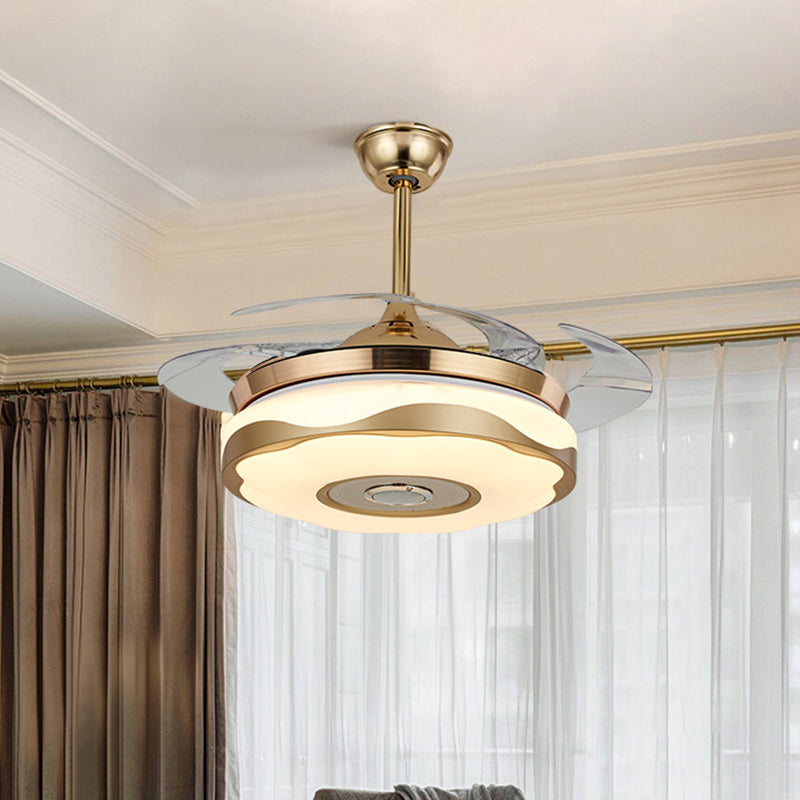 42" Width Modernist Circular Pendant Fan Lamp LED Acrylic Semi Flush Light Fixture in Gold with 4 Blades, Remote/Wall Control