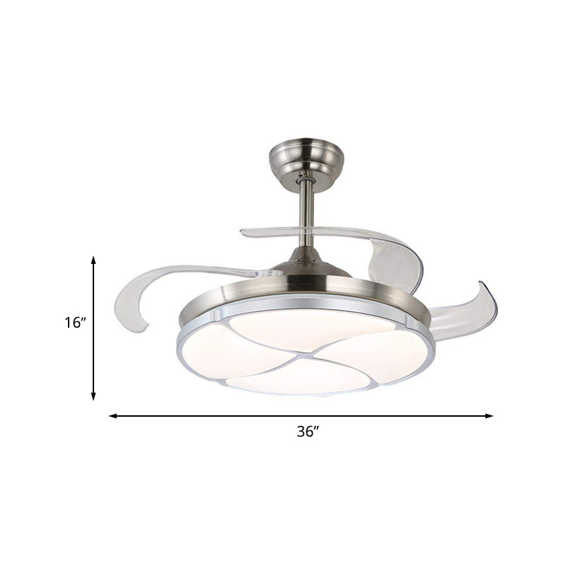 Clover Metal Semi Flush Mount Simplicity LED soggiorno Illuminazione del ventilatore a soffitto in argento con 4 lame trasparenti, larghe 36 "/42"