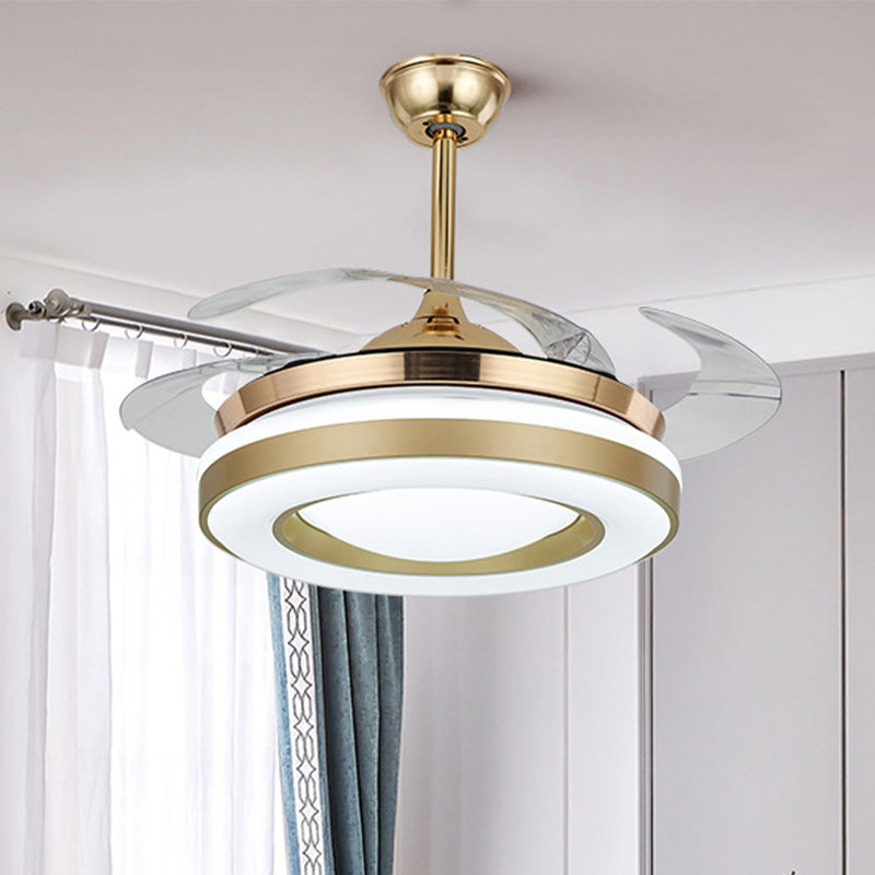 Gouden cirkelvormige hangende ventilatorverlichting eigentijdse acryl 42 "W led eetkamer semi-flush plafondlicht met 4 heldere messen, externe/muurregeling