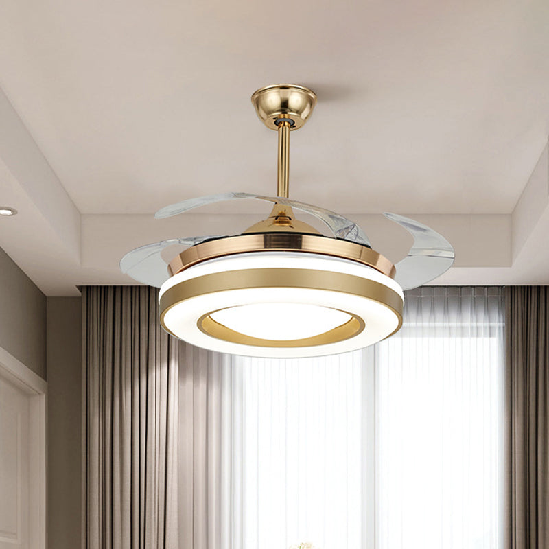 Gouden cirkelvormige hangende ventilatorverlichting eigentijdse acryl 42 "W led eetkamer semi-flush plafondlicht met 4 heldere messen, externe/muurregeling