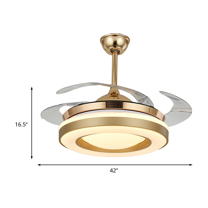 Gold Circular Hanging Fan Lighting Contemporary Acrylic 42" W LED Dining Room Semi-Flush Ceiling Light with 4 Clear Blades, Remote/Wall Control