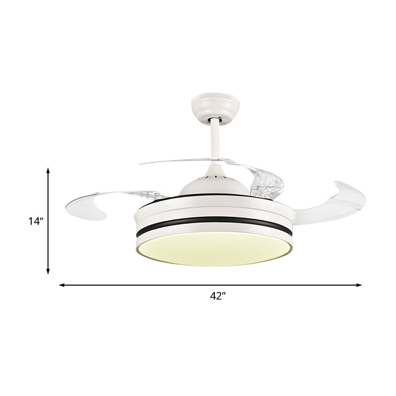 42" Wide Metal White Pendant Fan Light Ring LED Modern Semi Mount Lighting for Living Room, 4 Clear Blades