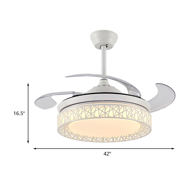 Acrylic Round Fan Lighting Minimalism LED 42" W Kitchen Semi Flush Mount Ceiling Fixture in White with 4 Clear Blades, Remote/Wall Control/Frequency Conversion