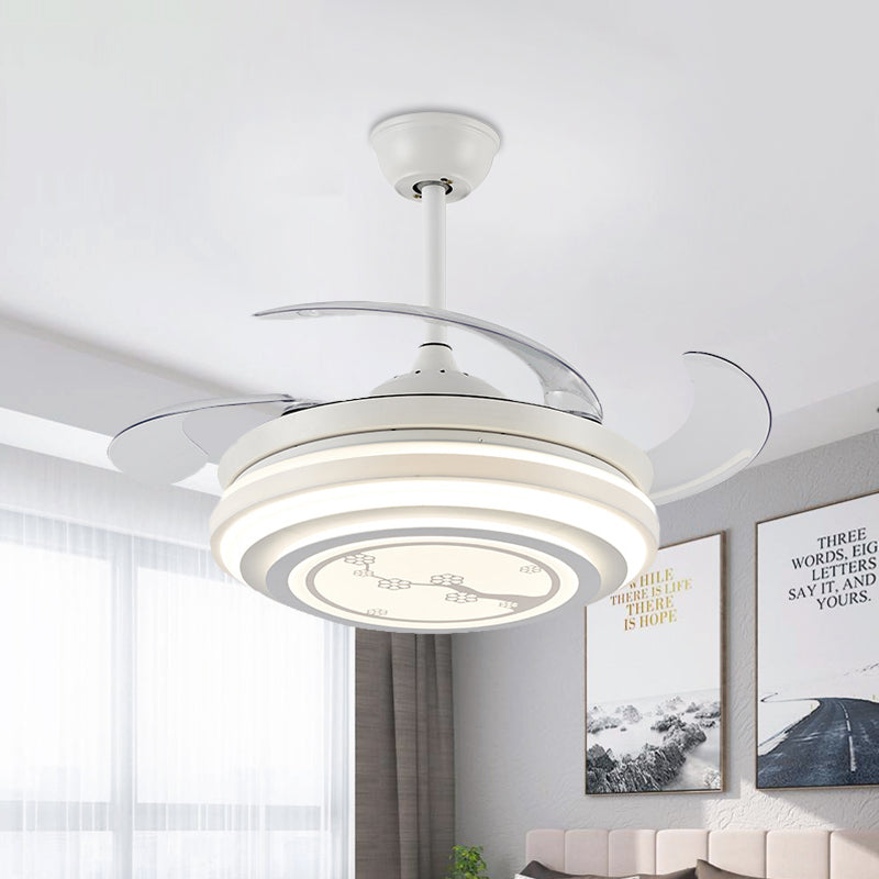 Modern Flower Pattern Semi Flush LED 42" W Acrylic Pendant Fan Lighting in White with 4 Blades, Remote/Wall Control/Frequency Conversion and Remote Control