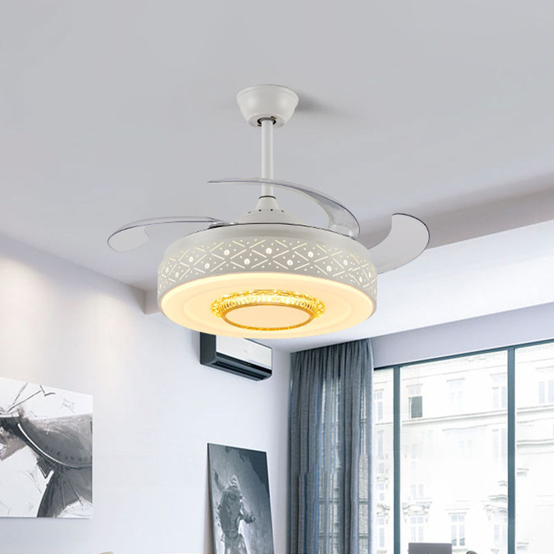 Drum Metal Ceiling Fan Light Modern 42" Width LED Bedroom 4 Blades Semi Flush Mount Lighting in White, Remote/Wall Control