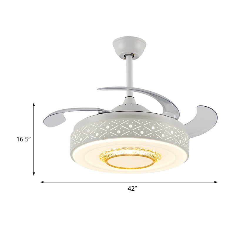 Drum Metal Ceiling Fan Light Modern 42" Width LED Bedroom 4 Blades Semi Flush Mount Lighting in White, Remote/Wall Control