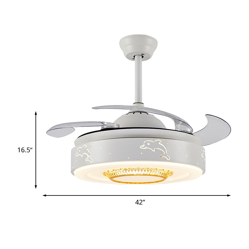 42" W Dolphin Pattern Bedroom Fan Light Minimalism Acrylic LED White Semi Mount Lighting with 4 Blades, Remote/Wall Control/Frequency Conversion and Remote Control