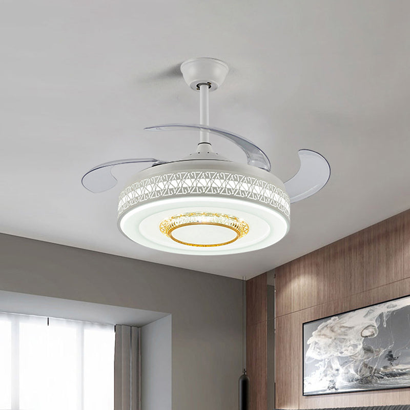 42" Width Modernism Circle Pendant Fan Lamp LED Acrylic Semi Flush Mount Ceiling Light in White with 4 Clear Blades, Remote/Wall Control