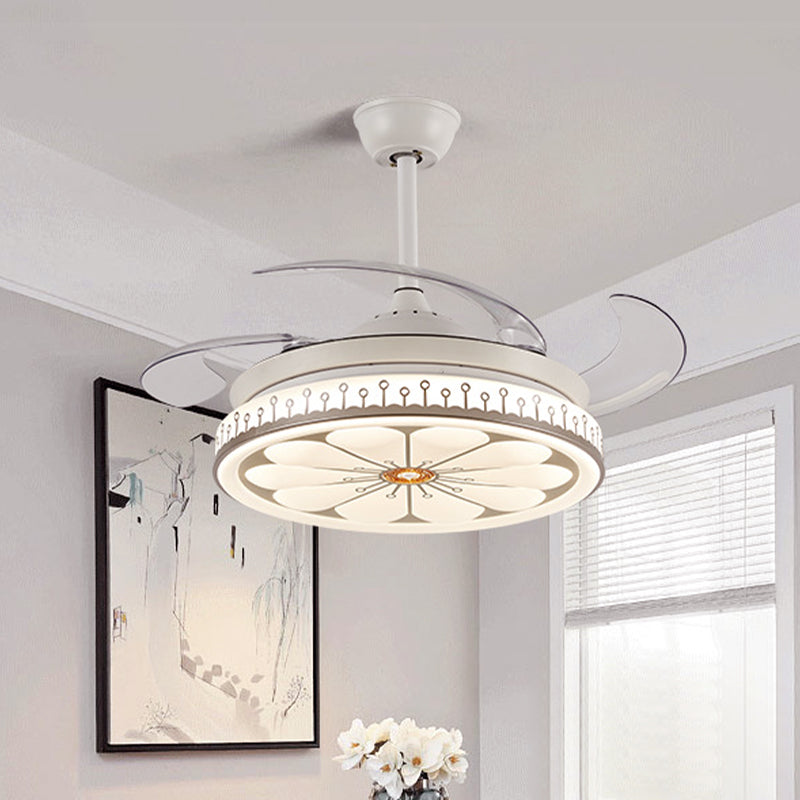 42" Wide LED Semi Flush Mount Light Simple Flower Pattern Metal Ceiling Fan Lamp in White with 4 Blades, Remote/Wall Control/Frequency Conversion and Remote Control