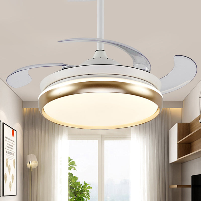 Acrylic Round Hanging Fan Lamp Modernist 42" W LED Living Room 4 Blades Semi Mount Lighting in Gold, Remote/Wall Control/Frequency Conversion and Remote Control