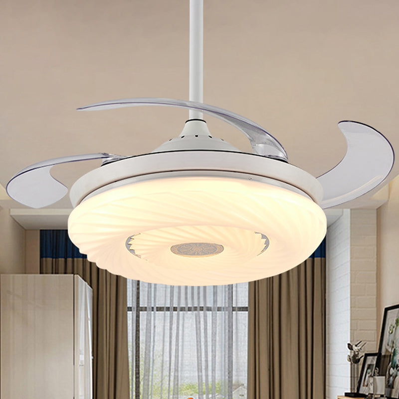 42" W White Circle Hanging Fan Light Modern Metal LED Dining Room Semi Mount Lighting with 4 Blades, Remote/Wall Control/Frequency Conversion and Remote Control