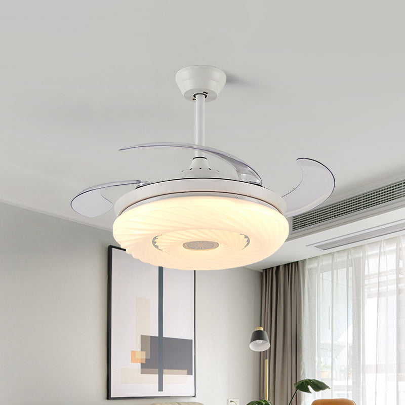 42" W White Circle Hanging Fan Light Modern Metal LED Dining Room Semi Mount Lighting with 4 Blades, Remote/Wall Control/Frequency Conversion and Remote Control