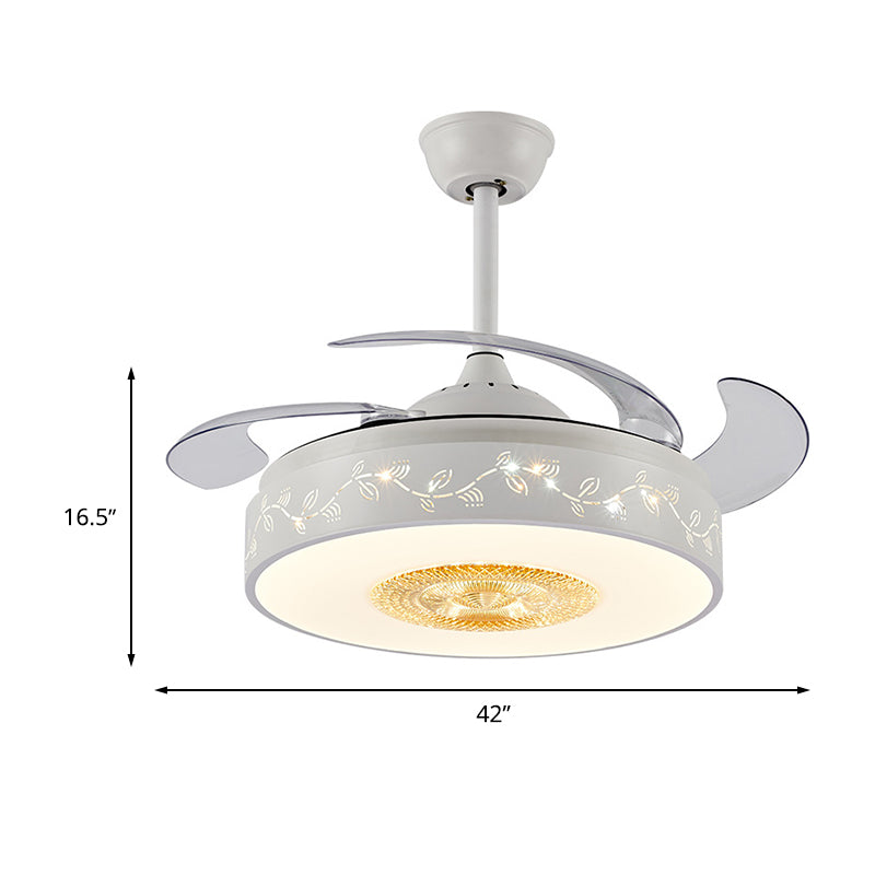 42" W Acrylic White Semi Mount Lighting Leaf Pattern LED Modernism Pendant Fan Lamp with Remote/Wall Control, 4 Clear Blades