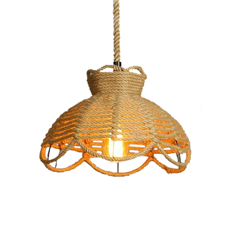 Flower Basket Rope Hanging Lighting Farmhouse 1 Head Restaurant Ceiling Lamp in Beige