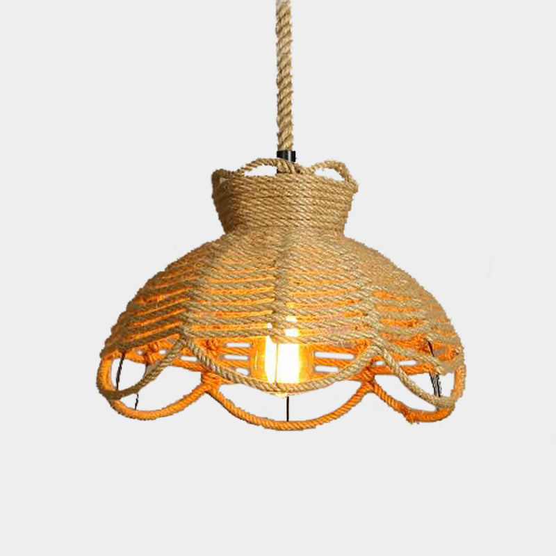 Flower Basket Rope Hanging Lighting Farmhouse 1 Head Restaurant Ceiling Lamp in Beige