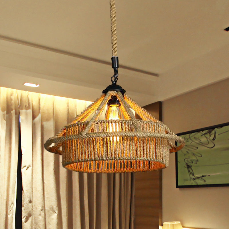 1 Bulb Rope Ceiling Pendant Light Vintage Beige Straw Hat Shape Coffee Shop Hanging Lamp