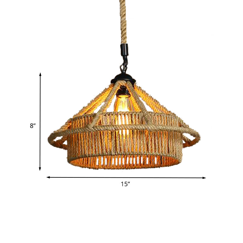 1 Bulb Rope Ceiling Pendant Light Vintage Beige Straw Hat Shape Coffee Shop Hanging Lamp