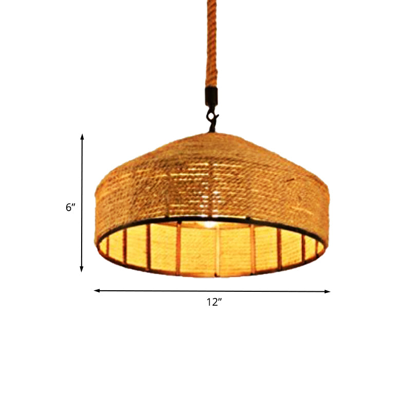 Beige 1-Head Pendant Light Fixture Antiqued Rope Mongolian Yurts Shape Hanging Ceiling Lamp with Hand Woven Design, 12"/16"/19.5" Wide