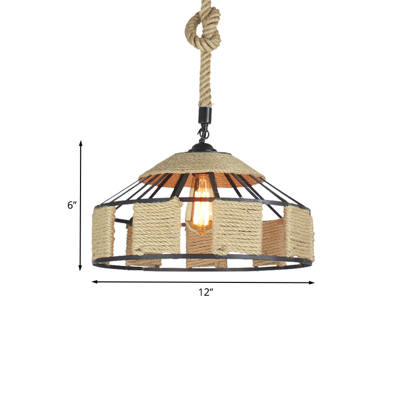 Rope Beige Hanging Light Kit Mongolian Yurts Shaped 1-Bulb 12"/16"/19.5" W Farmhouse Pendant Ceiling Lamp with Knots Cord