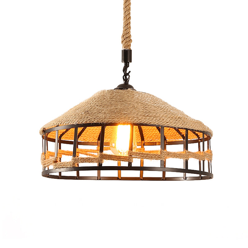 Mongoolse yurts touw hanger vintage 1 licht restaurant plafond hang armatuur in beige met draadkooi, 12 "/16" /19,5 "w